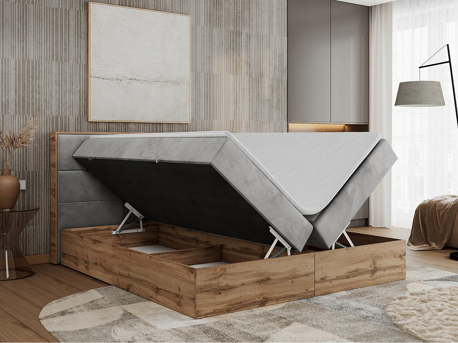 Boxspringbett ALBERO 2 mit Topper und Multipocket-Matratze, Stauraum, Holzrahmen - 180x200 cm - H3 - Hellgrau Velvet