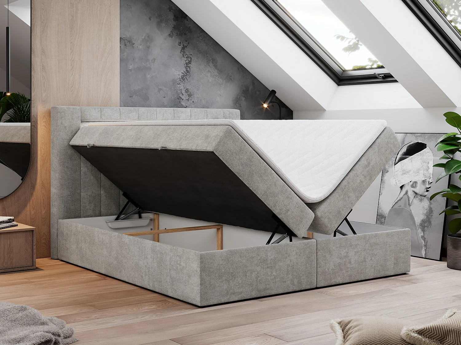 Boxspringbett GOLD 5 mit Multipocket-Matratze und LED, zwei Bettkästen - 120x200 cm - H4 - Hellgrau Strukture