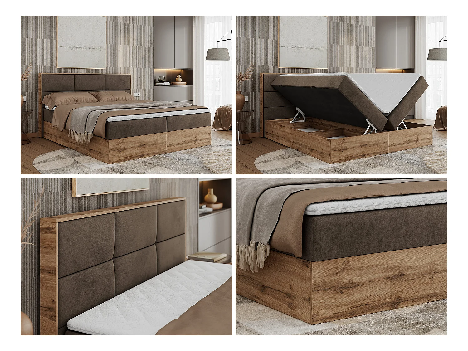 Boxspringbett ALBERO 2 mit Topper und Multipocket-Matratze, Stauraum, Holzrahmen - 140x200 cm - H3 - Braun Velvet