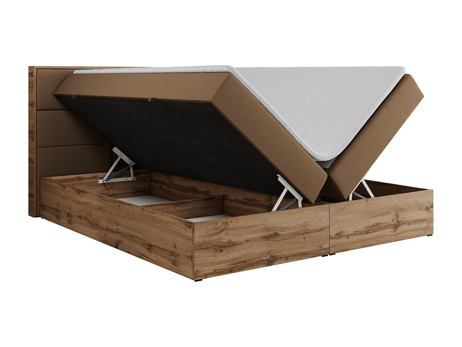 Boxspringbett ALBERO 2 mit Topper und Multipocket-Matratze, Stauraum, Holzrahmen - 140x200 cm - H3 - Braun Kunstleder
