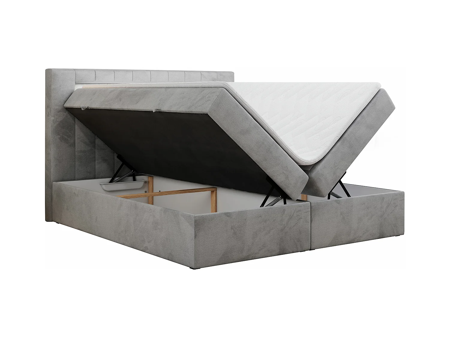Boxspringbett GOLD 5 mit Multipocket-Matratze und LED, zwei Bettkästen - 140x200 cm - H4 - Hellgrau Velvet