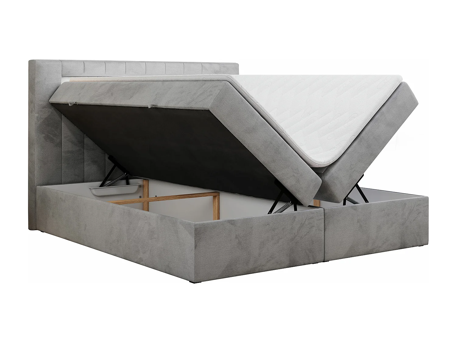 Boxspringbett GOLD 5 mit Multipocket-Matratze und LED, zwei Bettkästen - 140x200 cm - H4 - Hellgrau Velvet