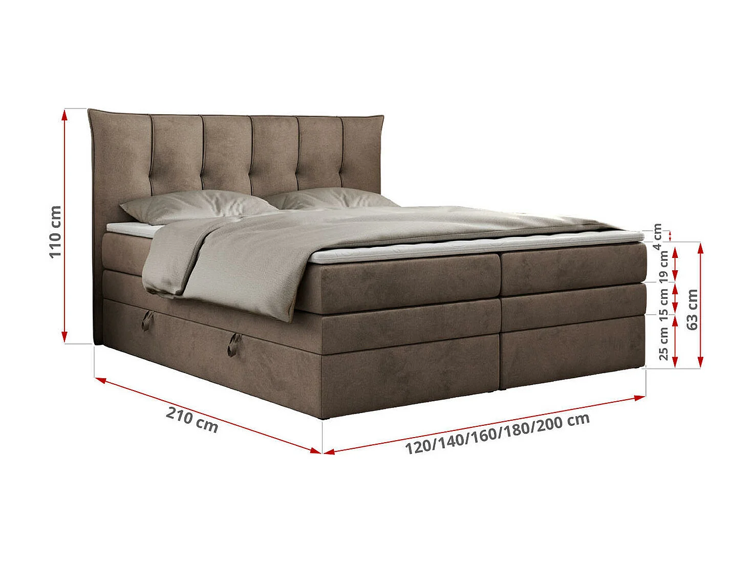 Boxspringbett PREMIUM 10 KING, Doppelbett mit Stauraum, gesteppte Kopfstütze, Multipocket-Matratze - 200x200 cm - H3 - Braun Velvet
