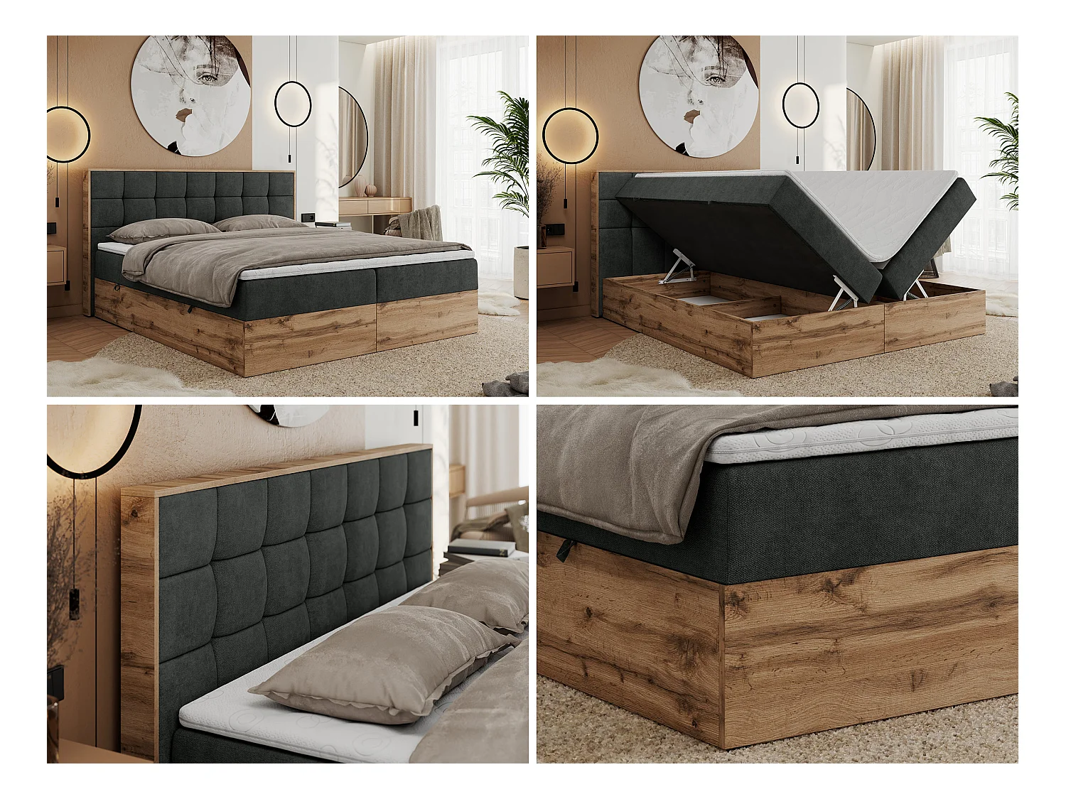 Boxspringbett ALBERO 1, Polsterbett mit gestepptem Kopfteil, Multipocket-Matratze - 140x200 cm - H3 - Dunkelgrau Strukture