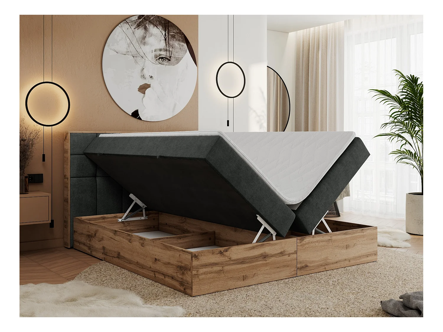 Boxspringbett ALBERO 1, Polsterbett mit gestepptem Kopfteil, Multipocket-Matratze - 140x200 cm - H3 - Dunkelgrau Strukture