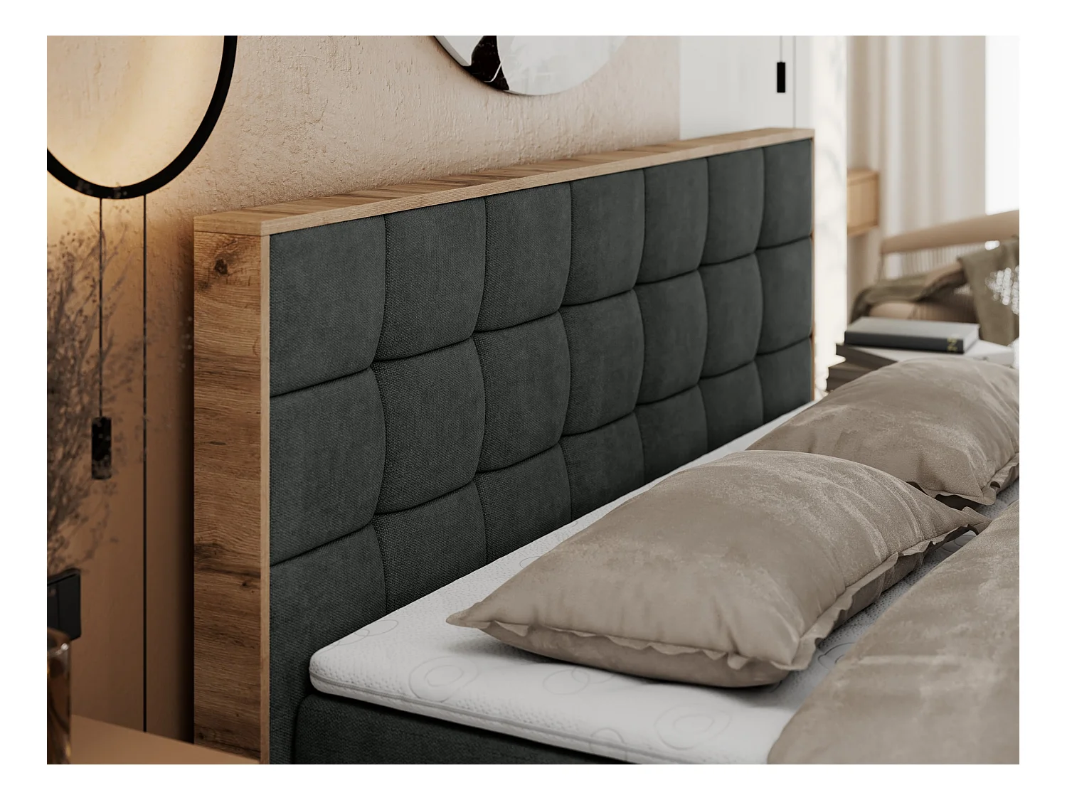 Boxspringbett ALBERO 1, Polsterbett mit gestepptem Kopfteil, Multipocket-Matratze - 140x200 cm - H3 - Dunkelgrau Strukture