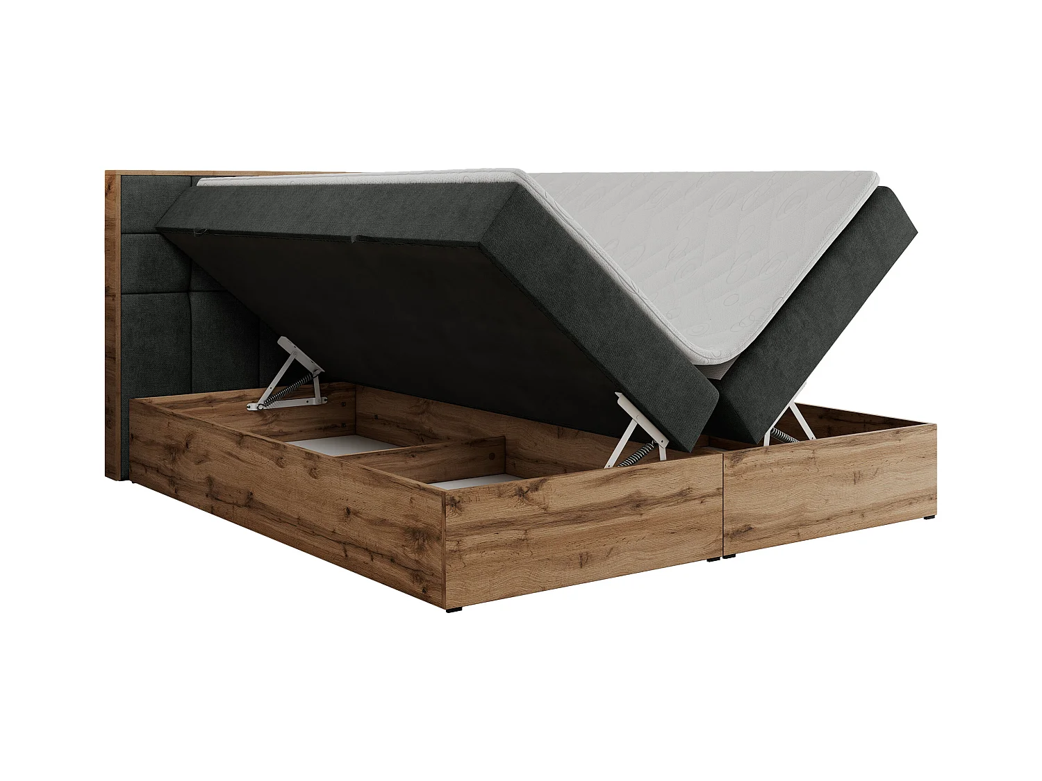Boxspringbett ALBERO 1, Polsterbett mit gestepptem Kopfteil, Multipocket-Matratze - 140x200 cm - H3 - Dunkelgrau Strukture