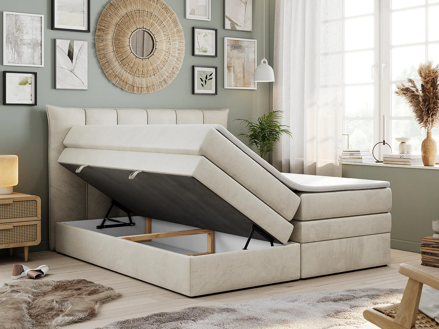 Boxspringbett PREMIUM 10 KING, Doppelbett mit Stauraum, gesteppte Kopfstütze, Multipocket-Matratze - 120x200 cm - H3 - Beige Velvet