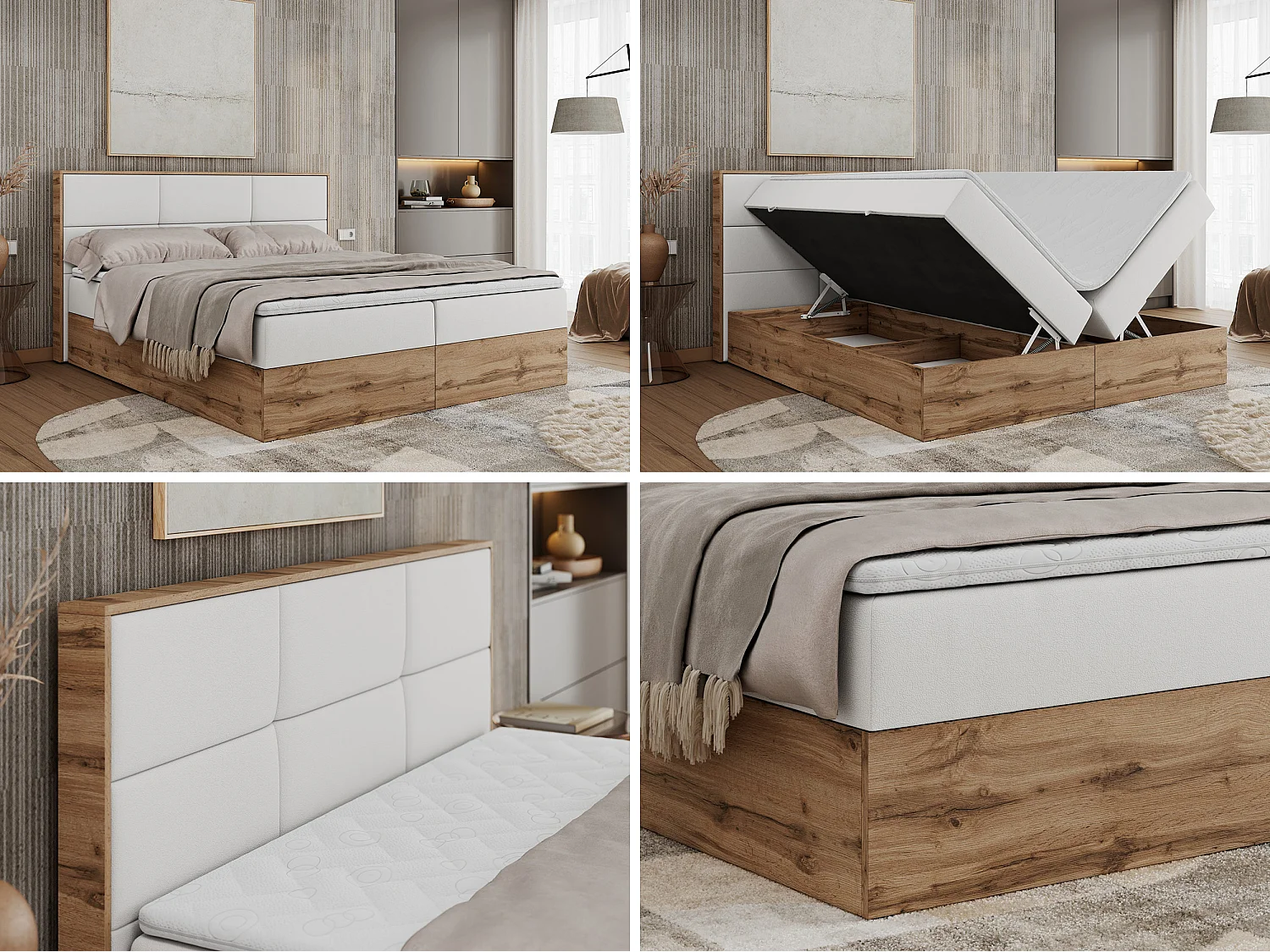 Boxspringbett ALBERO 2 mit Topper und Multipocket-Matratze, Stauraum, Holzrahmen - 120x200 cm - H3 - Weiß Kunstleder