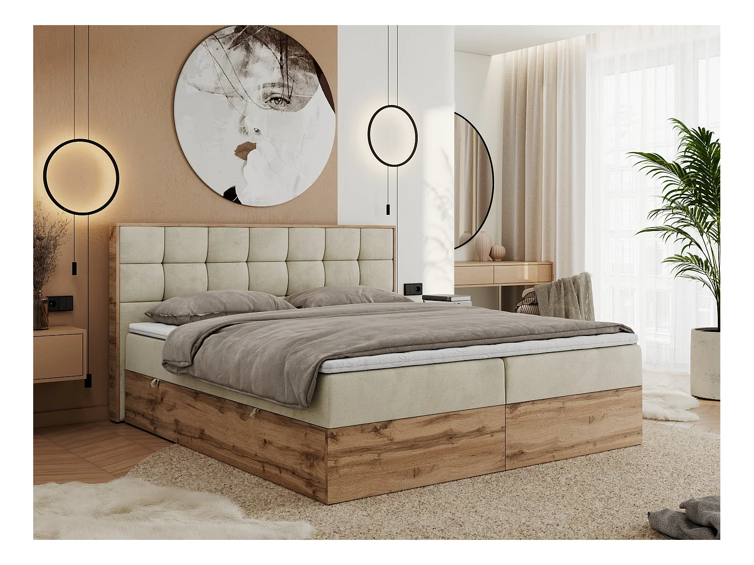 Boxspringbett ALBERO 1, Polsterbett mit gestepptem Kopfteil, Multipocket-Matratze - 140x200 cm - H3 - Beige Velvet