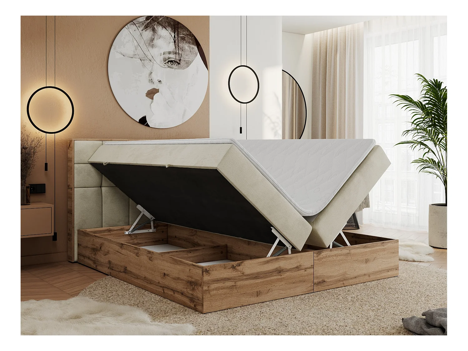 Boxspringbett ALBERO 1, Polsterbett mit gestepptem Kopfteil, Multipocket-Matratze - 140x200 cm - H3 - Beige Velvet