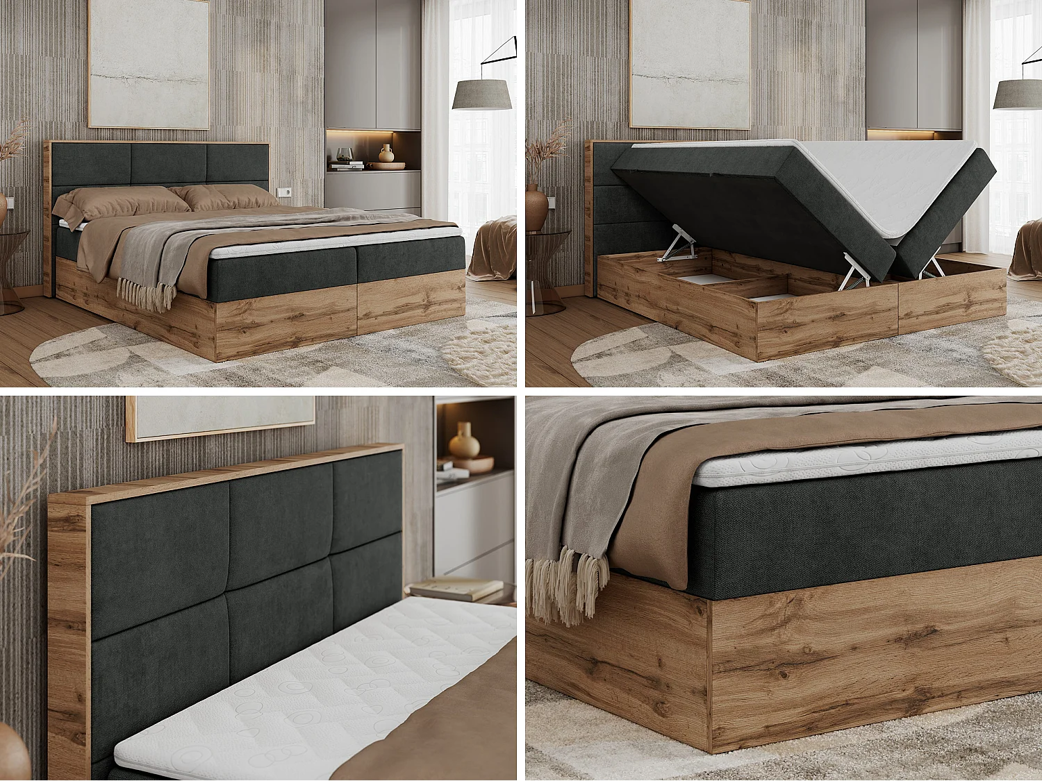 Boxspringbett ALBERO 2 mit Topper und Multipocket-Matratze, Stauraum, Holzrahmen - 200x200 cm - H3 - Dunkelgrau Strukture