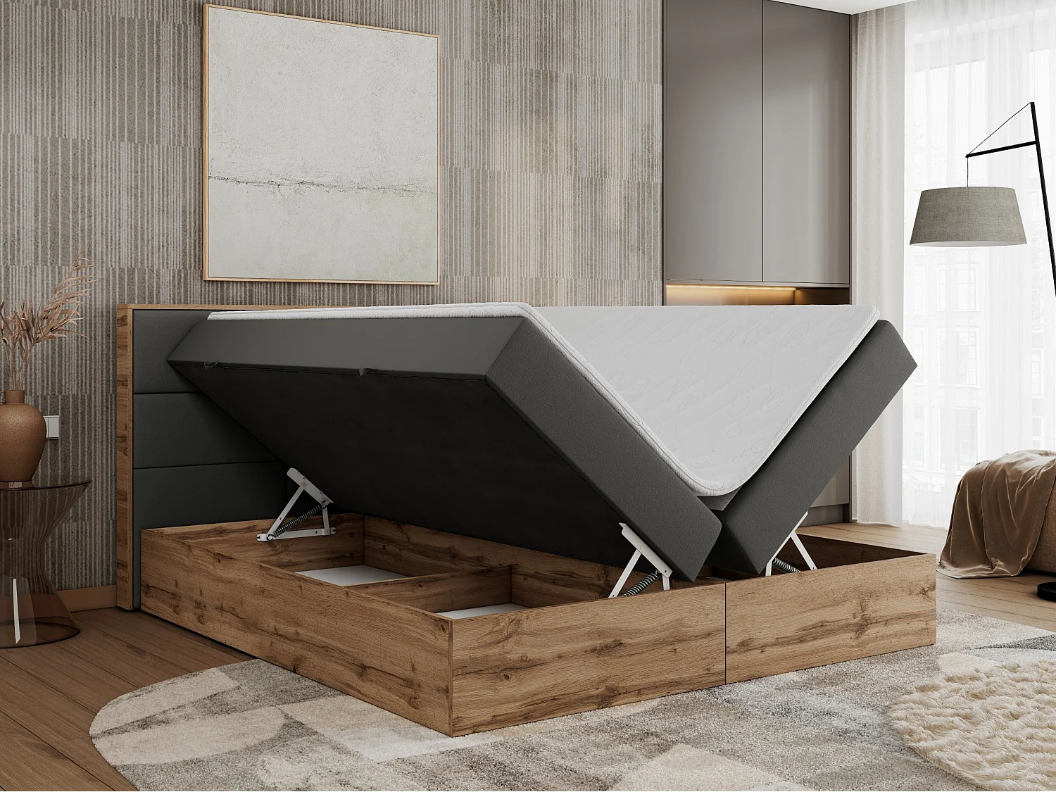 Boxspringbett ALBERO 2 mit Topper und Multipocket-Matratze, Stauraum, Holzrahmen - 140x200 cm - H3 - Dunkelgrau Kunstleder