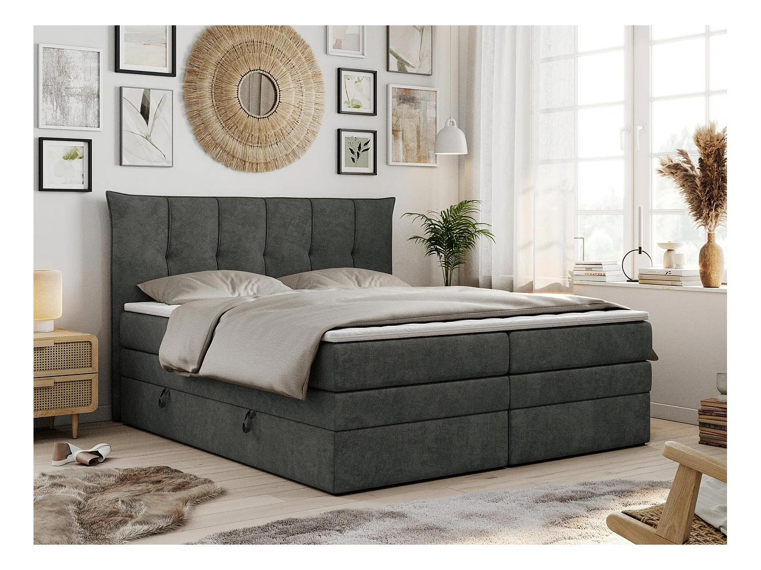 Boxspringbett PREMIUM 10 KING, Doppelbett mit Stauraum, gesteppte Kopfstütze, Multipocket-Matratze - 160x200 cm - H3 - Dunkelgrau Strukture