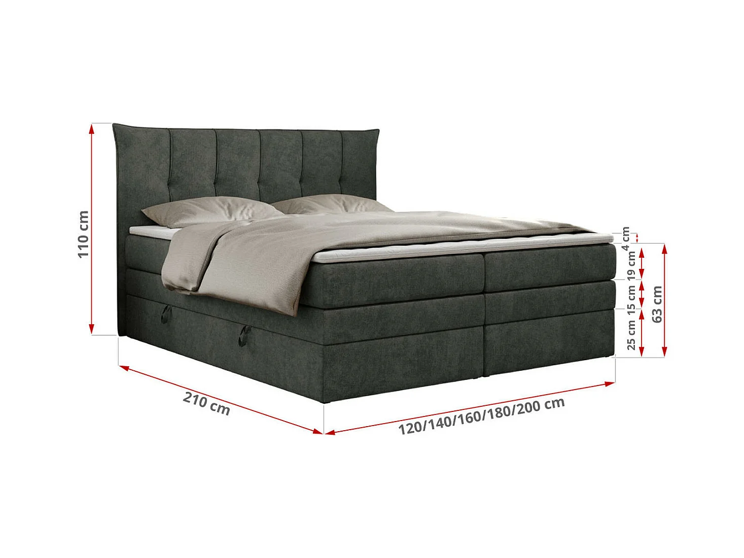 Boxspringbett PREMIUM 10 KING, Doppelbett mit Stauraum, gesteppte Kopfstütze, Multipocket-Matratze - 160x200 cm - H3 - Dunkelgrau Strukture