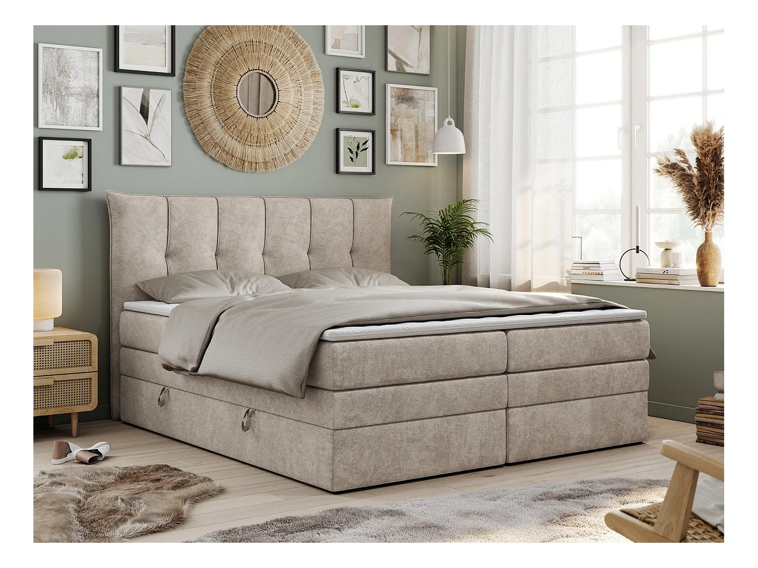 Boxspringbett PREMIUM 10 KING, Doppelbett mit Stauraum, gesteppte Kopfstütze, Multipocket-Matratze - 120x200 cm - H3 - Beige Strukture