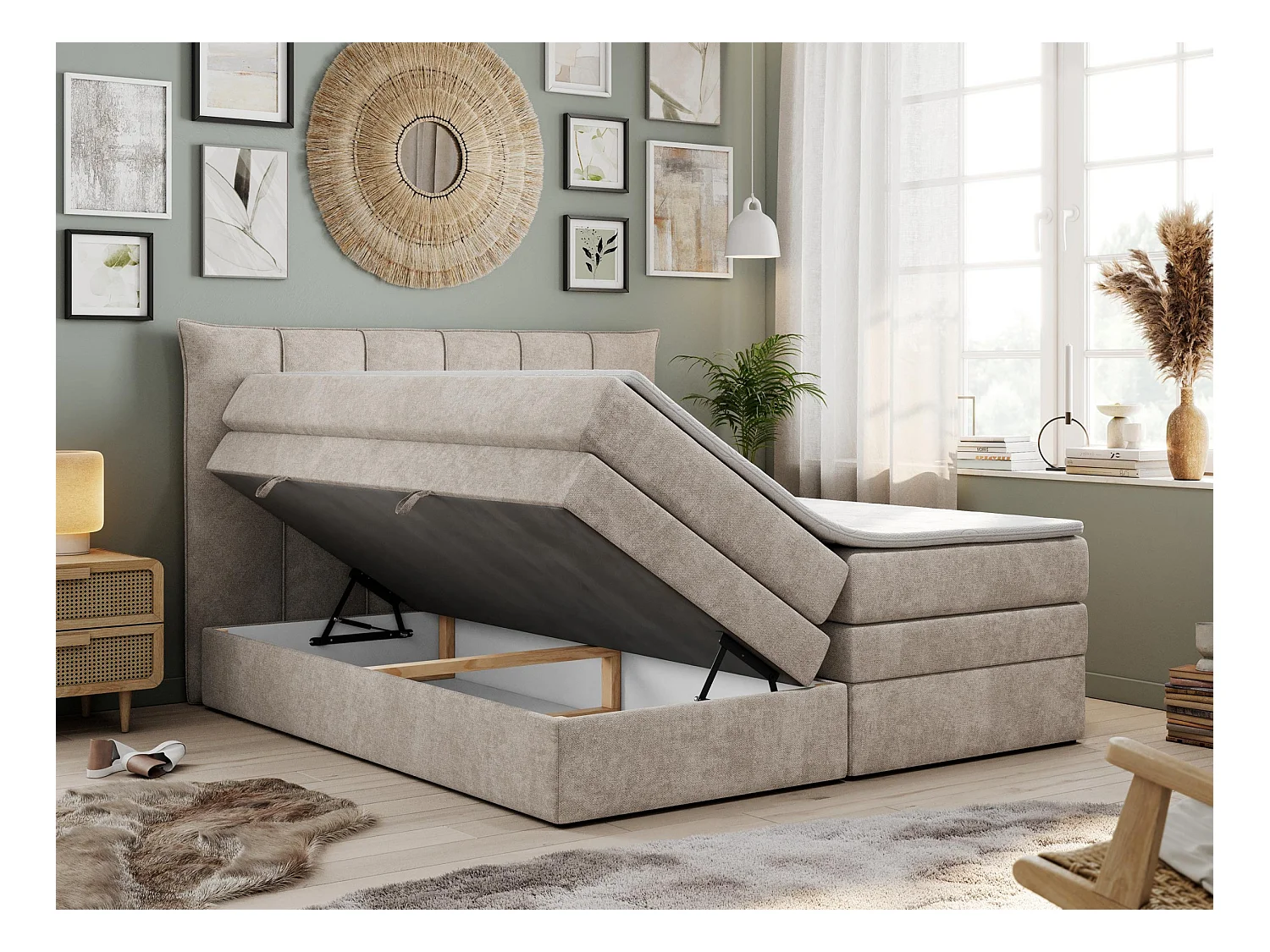 Boxspringbett PREMIUM 10 KING, Doppelbett mit Stauraum, gesteppte Kopfstütze, Multipocket-Matratze - 120x200 cm - H3 - Beige Strukture