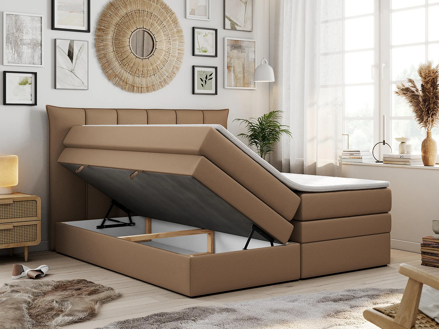 Boxspringbett PREMIUM 10 KING, Doppelbett mit Stauraum, gesteppte Kopfstütze, Multipocket-Matratze - 140x200 cm - H3 - Braun Kunstleder