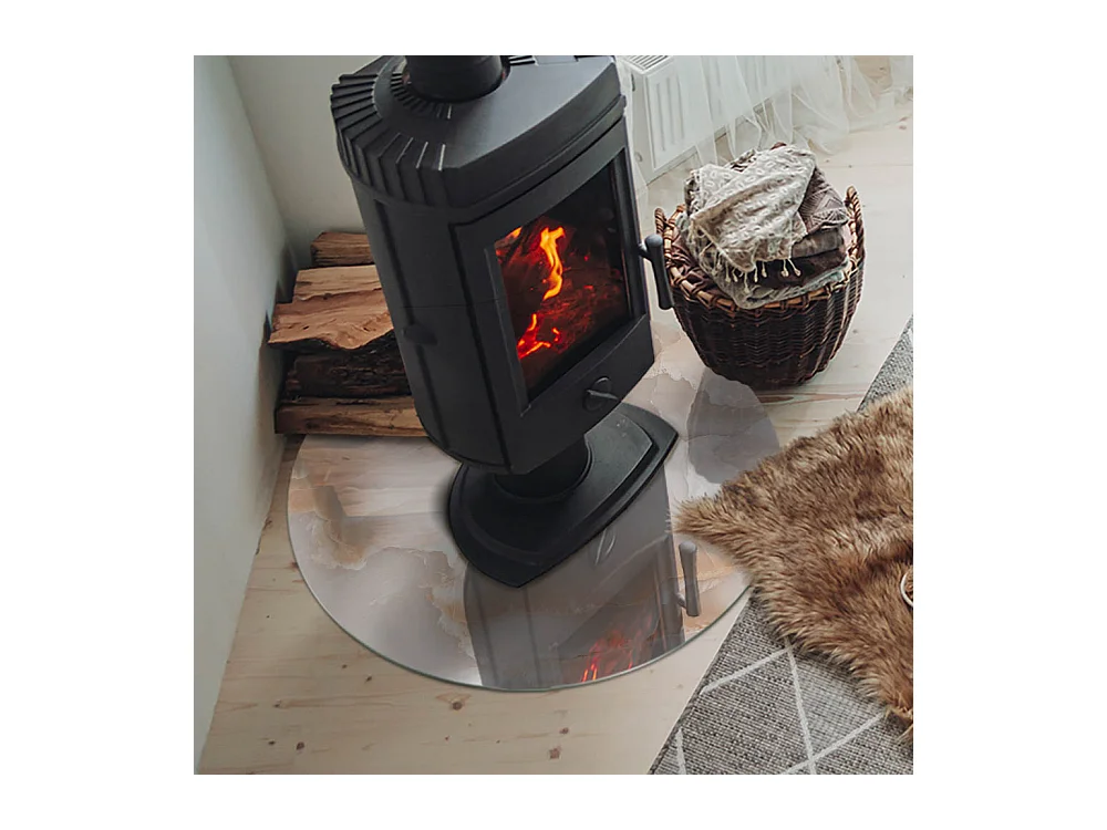 Plaque de sol en verre pour poêle - Roue - 70X70 - Motif en pierre naturelle