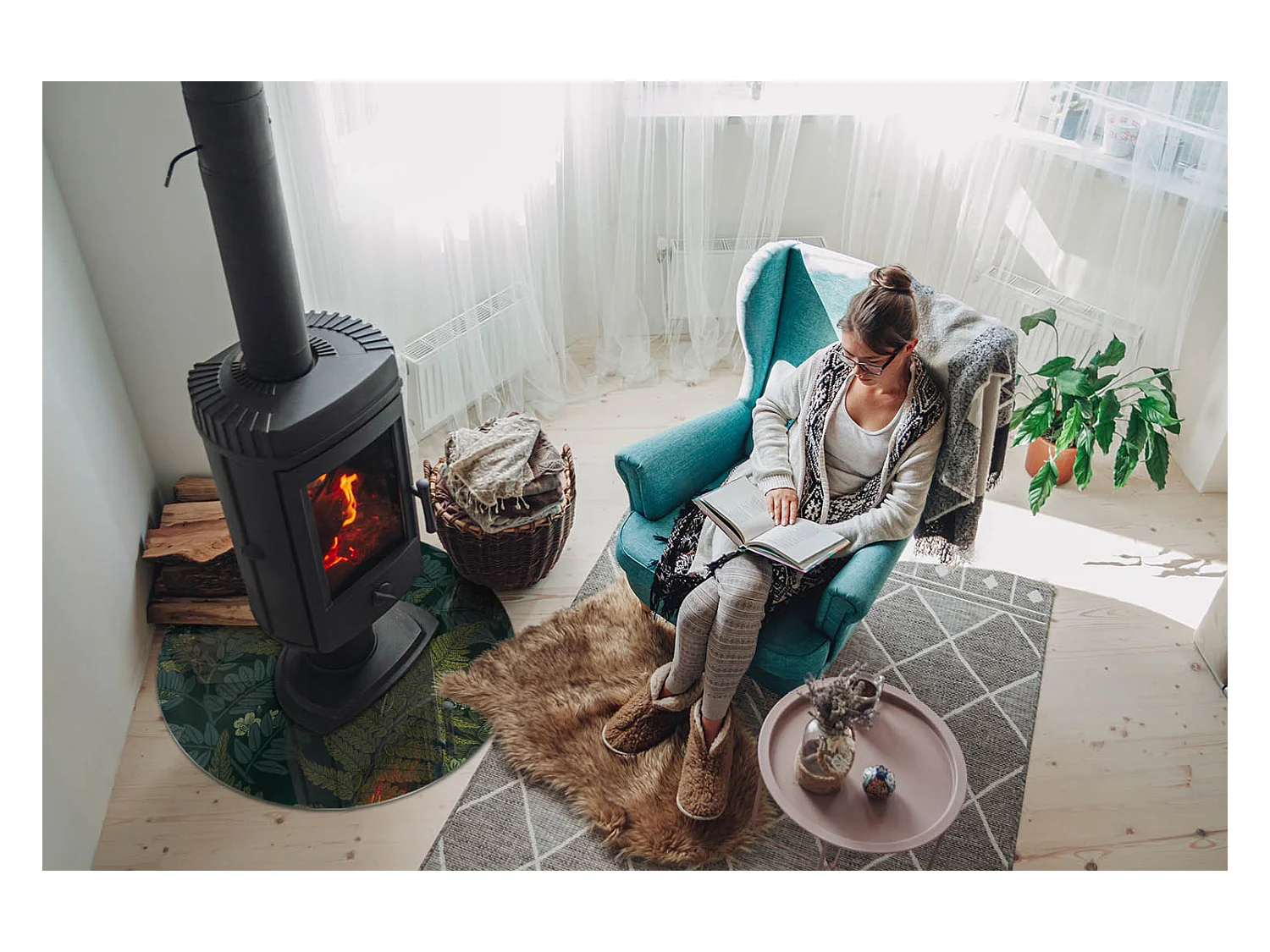 Glasplatte zum Schutz vor Funkenflug, Kaminauflage - Rad - 70X70 - Pflanzenmotive mit Schmetterlingen