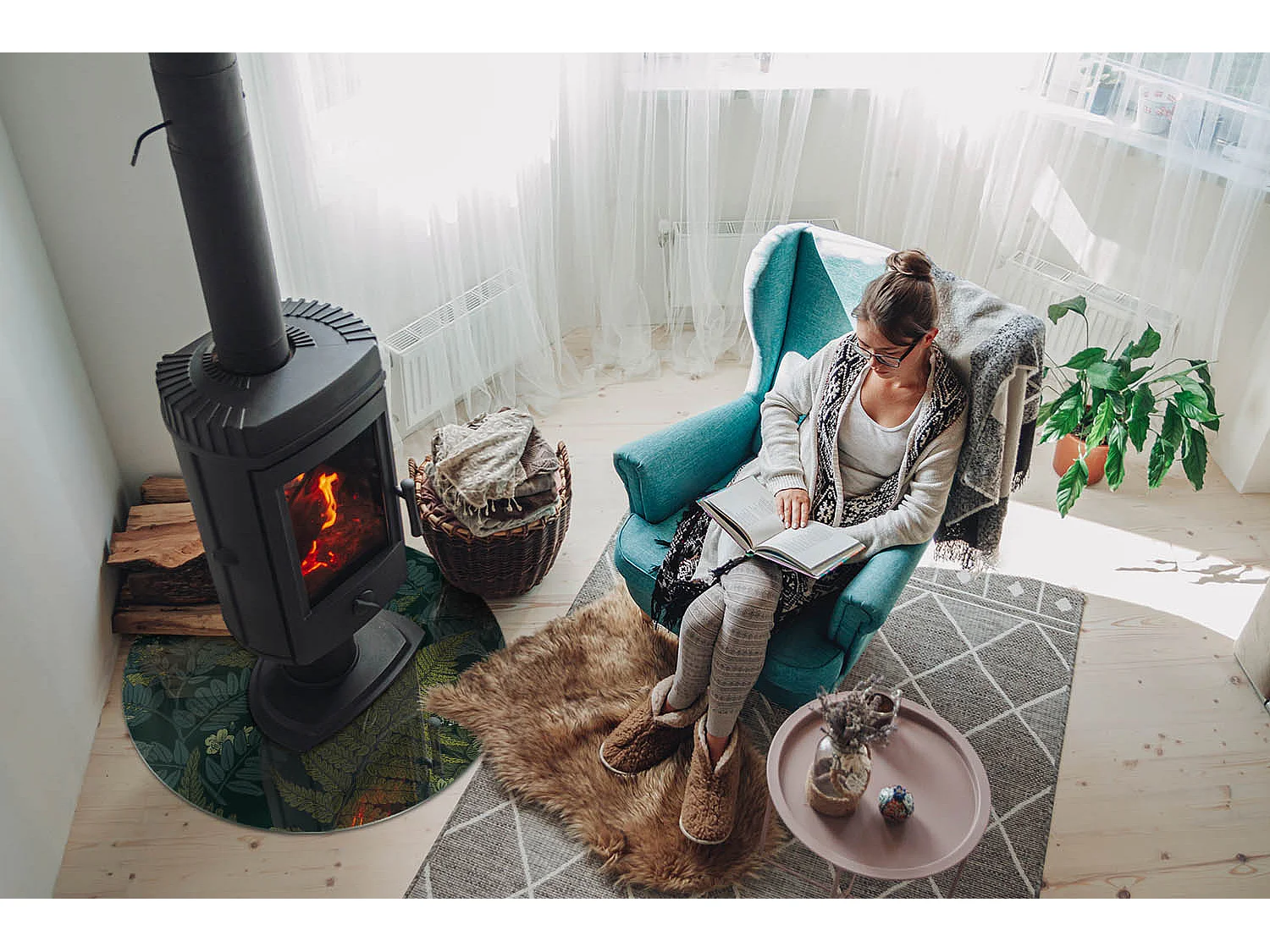 Glasplatte zum Schutz vor Funkenflug, Kaminauflage - Rad - 70X70 - Pflanzenmotive mit Schmetterlingen