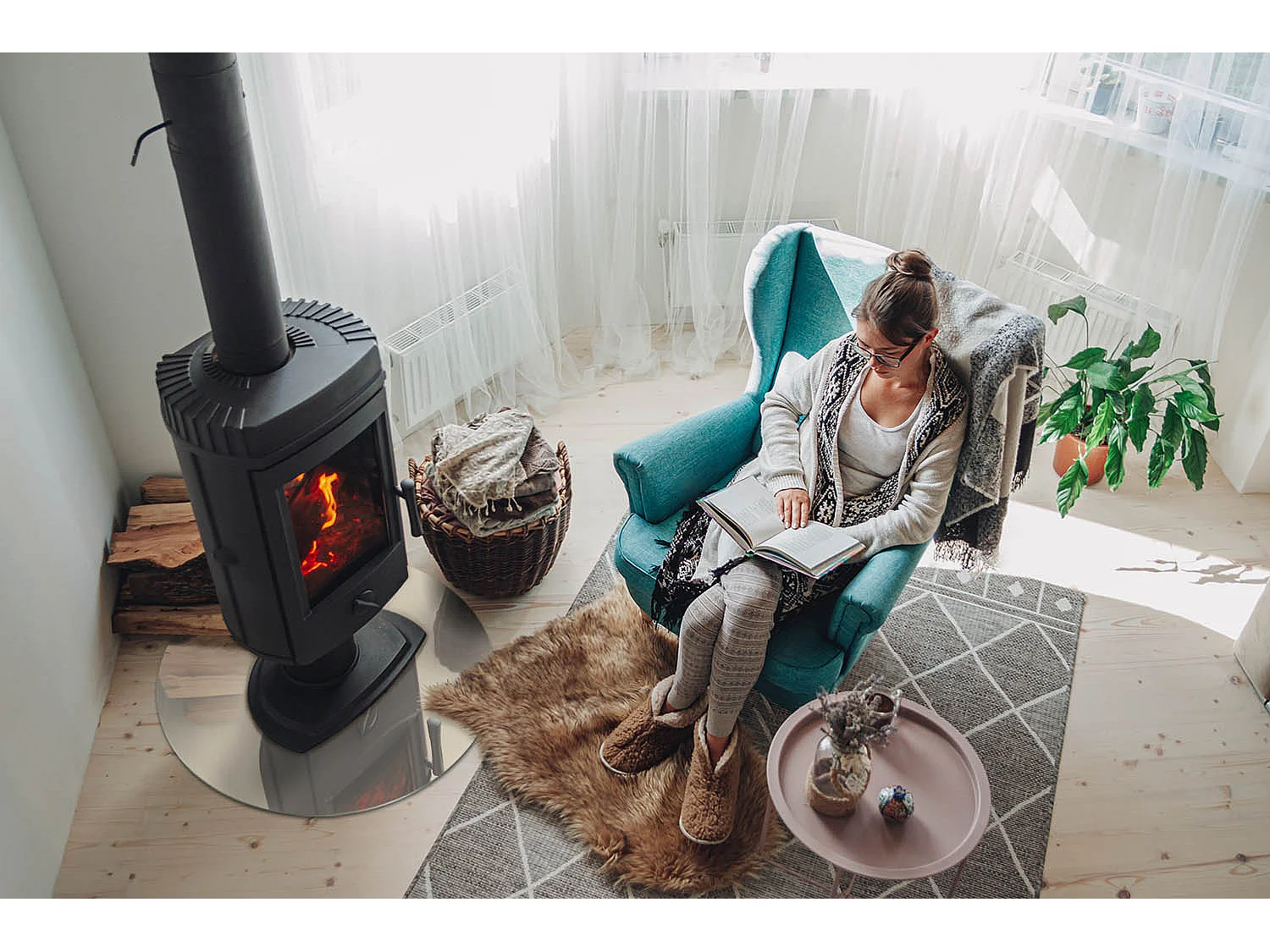 Plaque de sol en verre pour poêle - Roue - 60x60 - Couleur Beige
