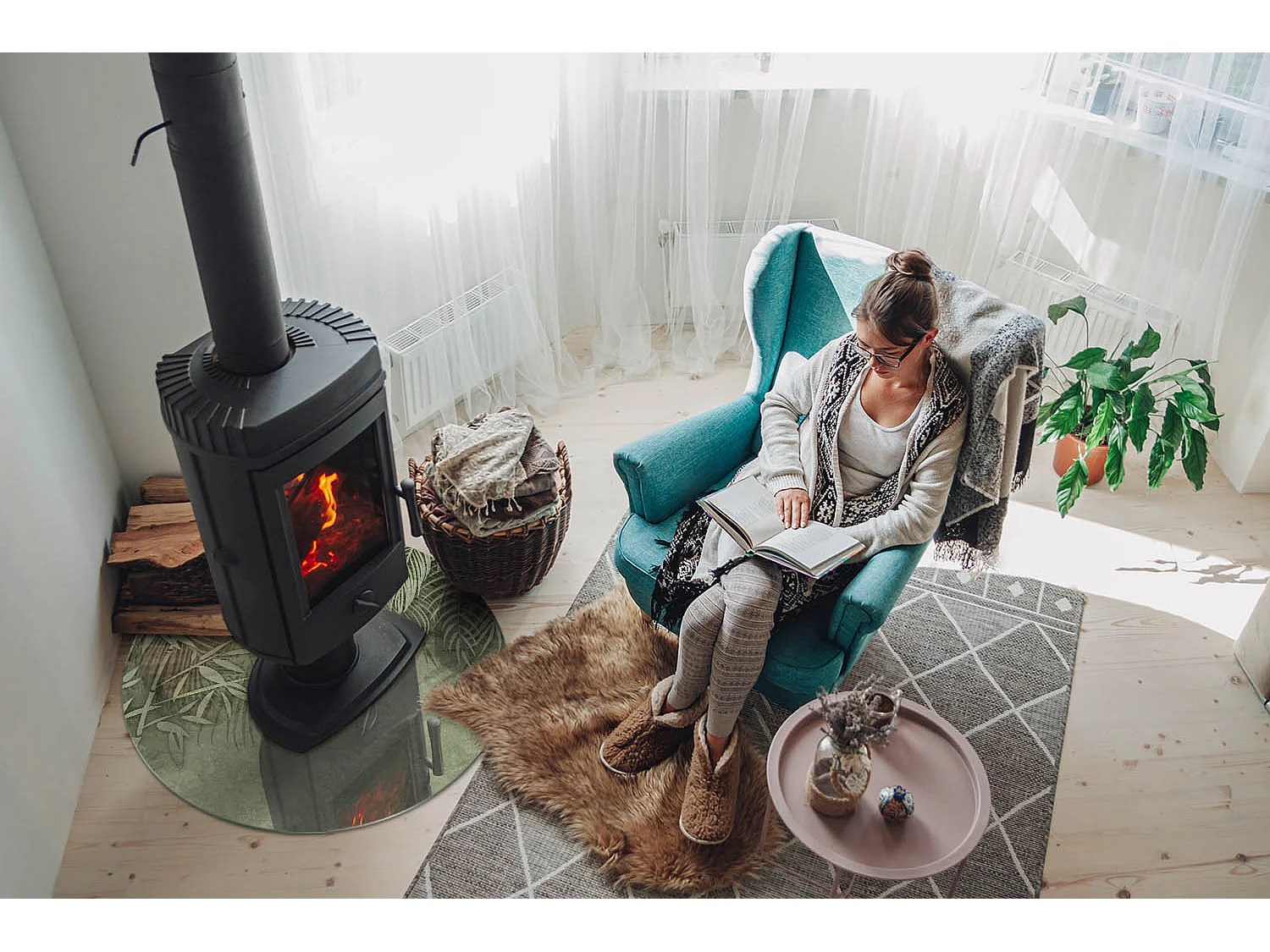 Glasplatte zum Schutz vor Funkenflug, Kaminauflage - Rad - 70X70 - Tropische Blätter im Hintergrund