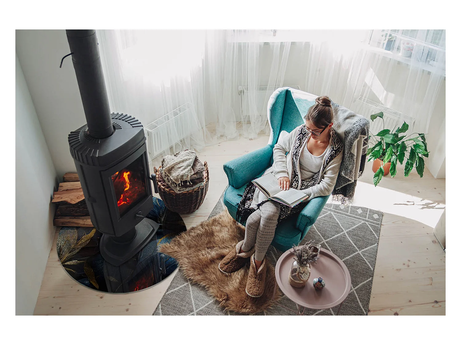 Plaque de sol en verre pour poêle - Roue - 70X70 - Feuilles élégantes en texture