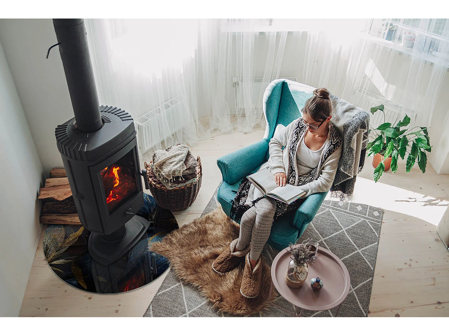 Glasplatte zum Schutz vor Funkenflug, Kaminauflage - Rad - 70X70 - Elegante Blätter in der Textur