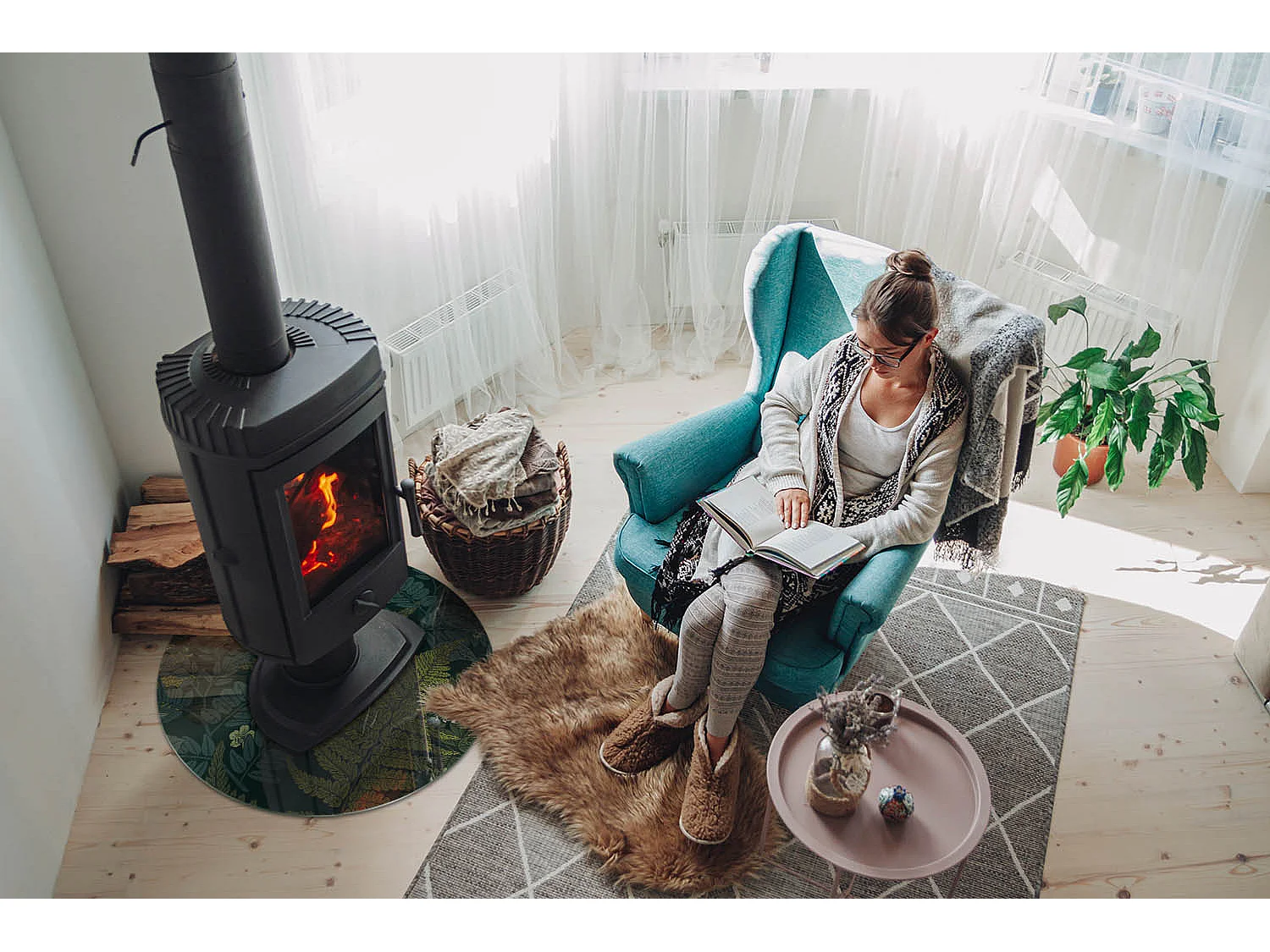 Glasplatte zum Schutz vor Funkenflug, Kaminauflage - Rad - 60x60 - Pflanzenmotive mit Schmetterlingen