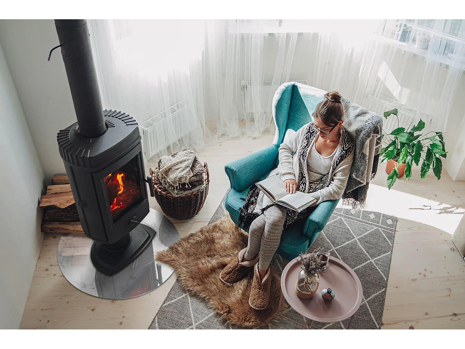 Plaque de sol en verre pour poêle - Roue - 60x60 - Modèle de marbre avec des veines