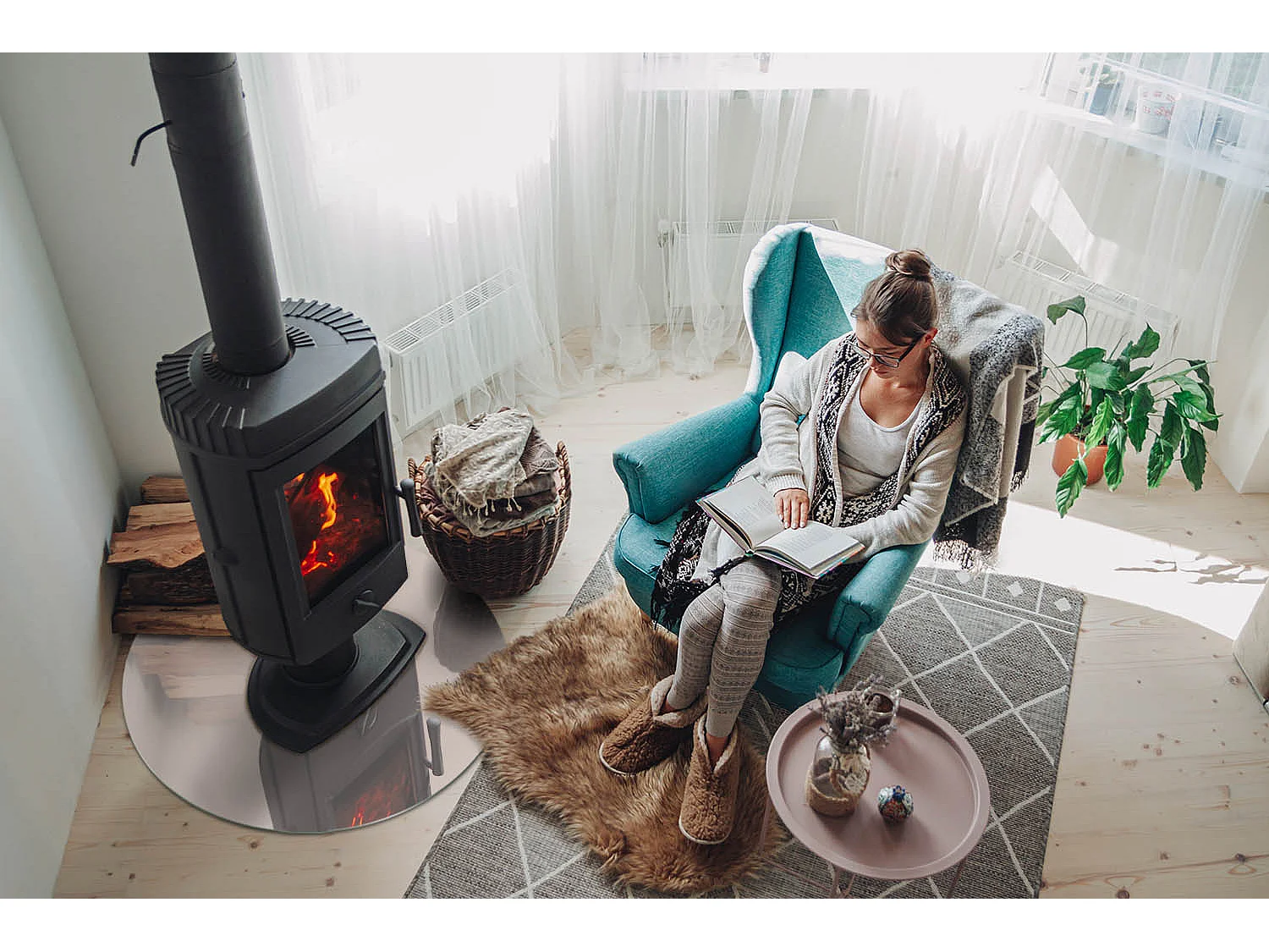 Glasplatte zum Schutz vor Funkenflug, Kaminauflage - Rad - 70X70 - Farbe Blassrosa