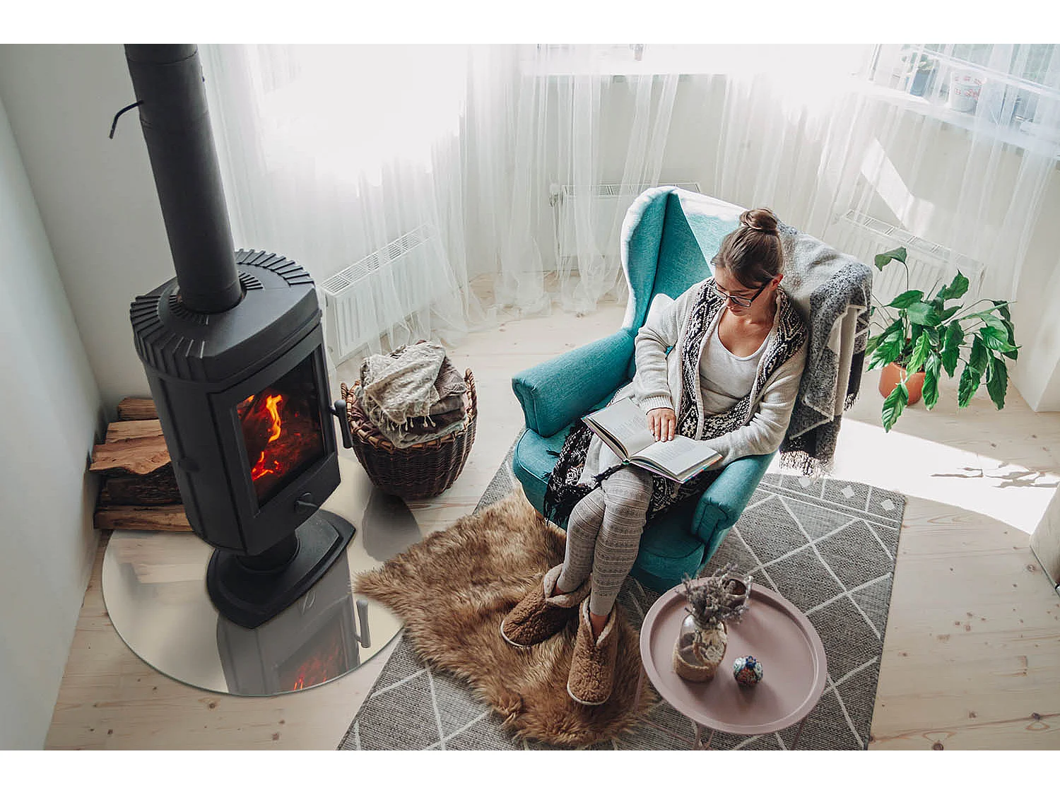 Glasplatte zum Schutz vor Funkenflug, Kaminauflage - Rad - 70X70 - Farbe Beige