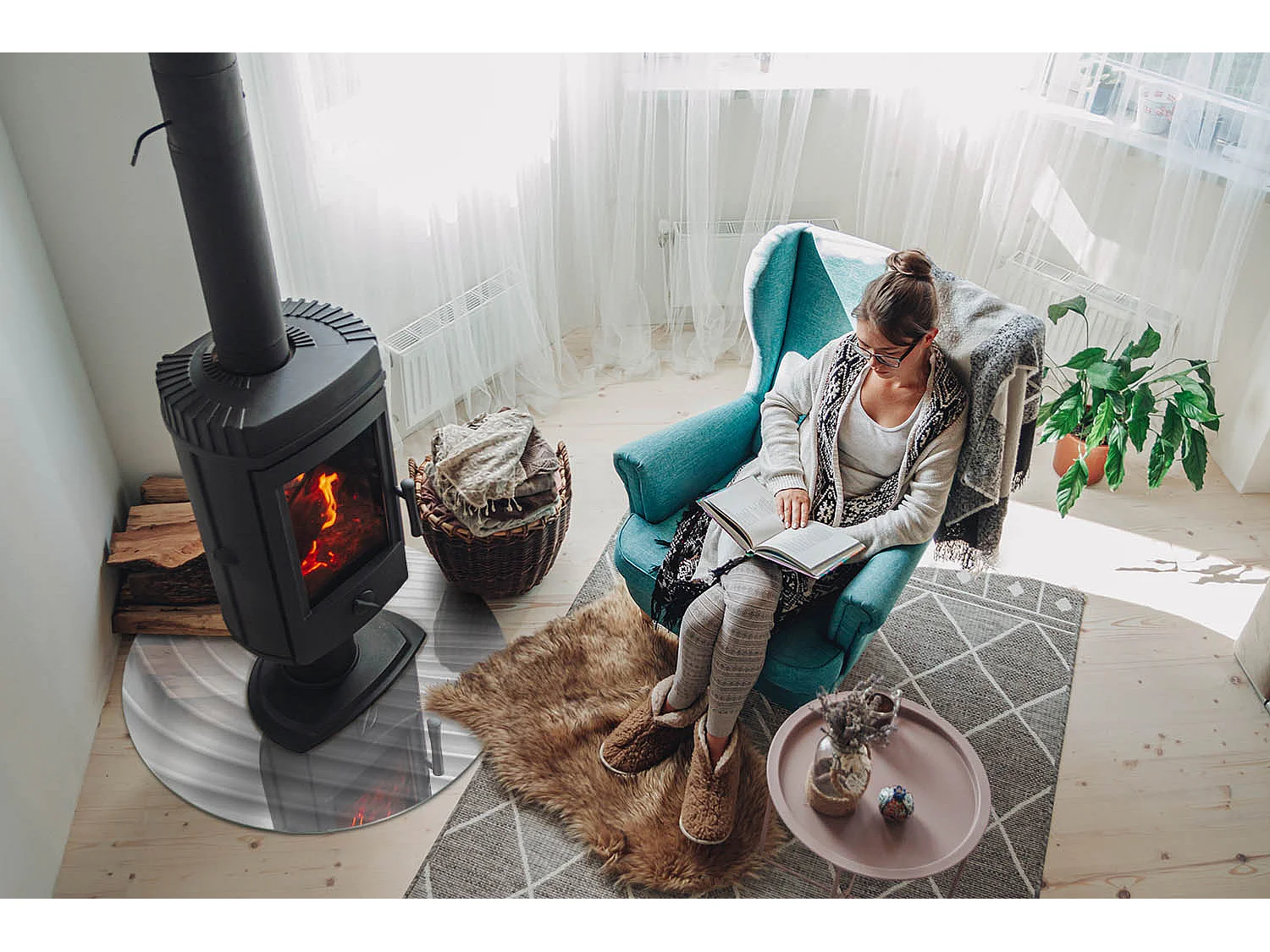 Glasplatte zum Schutz vor Funkenflug, Kaminauflage - Rad - 70X70 - Wellen aus zarten Linien