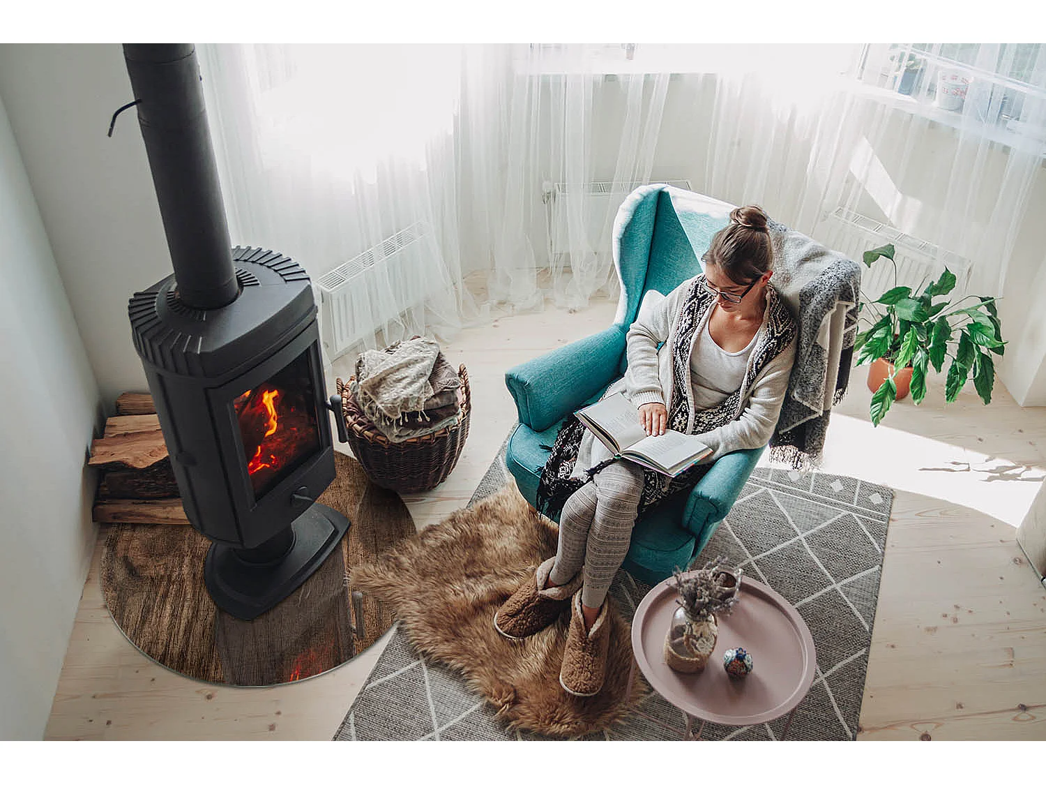Plaque de sol en verre pour poêle - Roue - 70X70 - Modèle en bois naturel