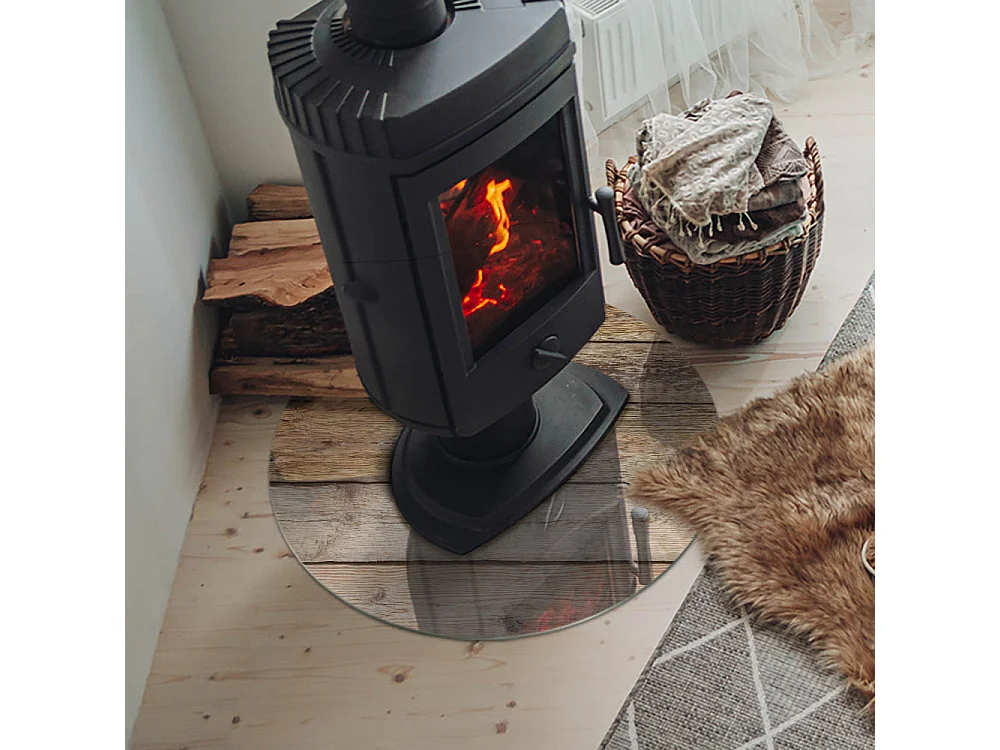 Plaque de sol en verre pour poêle - Roue - 60x60 - Texture des planches de bois