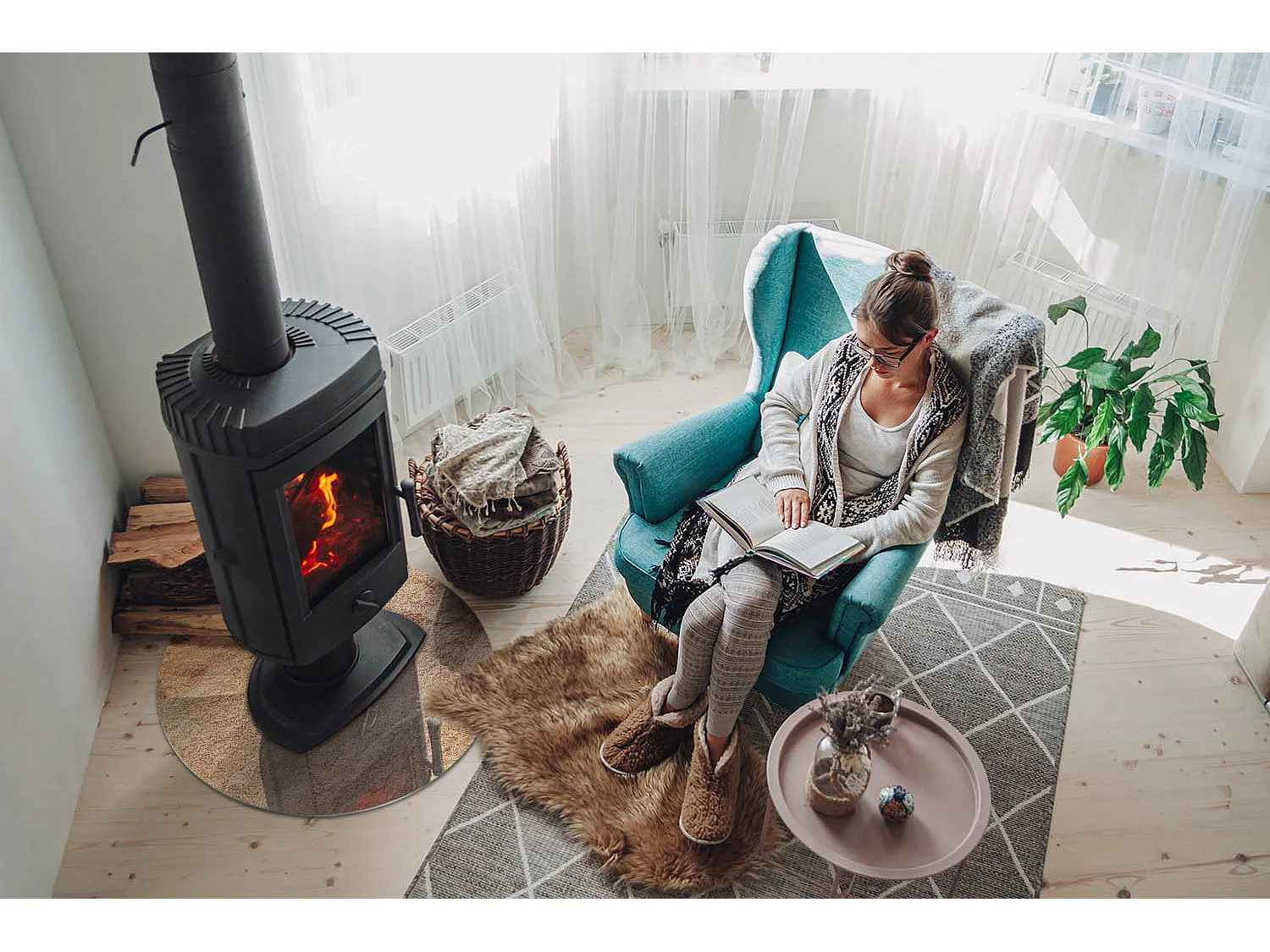 Glasplatte zum Schutz vor Funkenflug, Kaminauflage - Rad - 60x60 - Natursteinstruktur