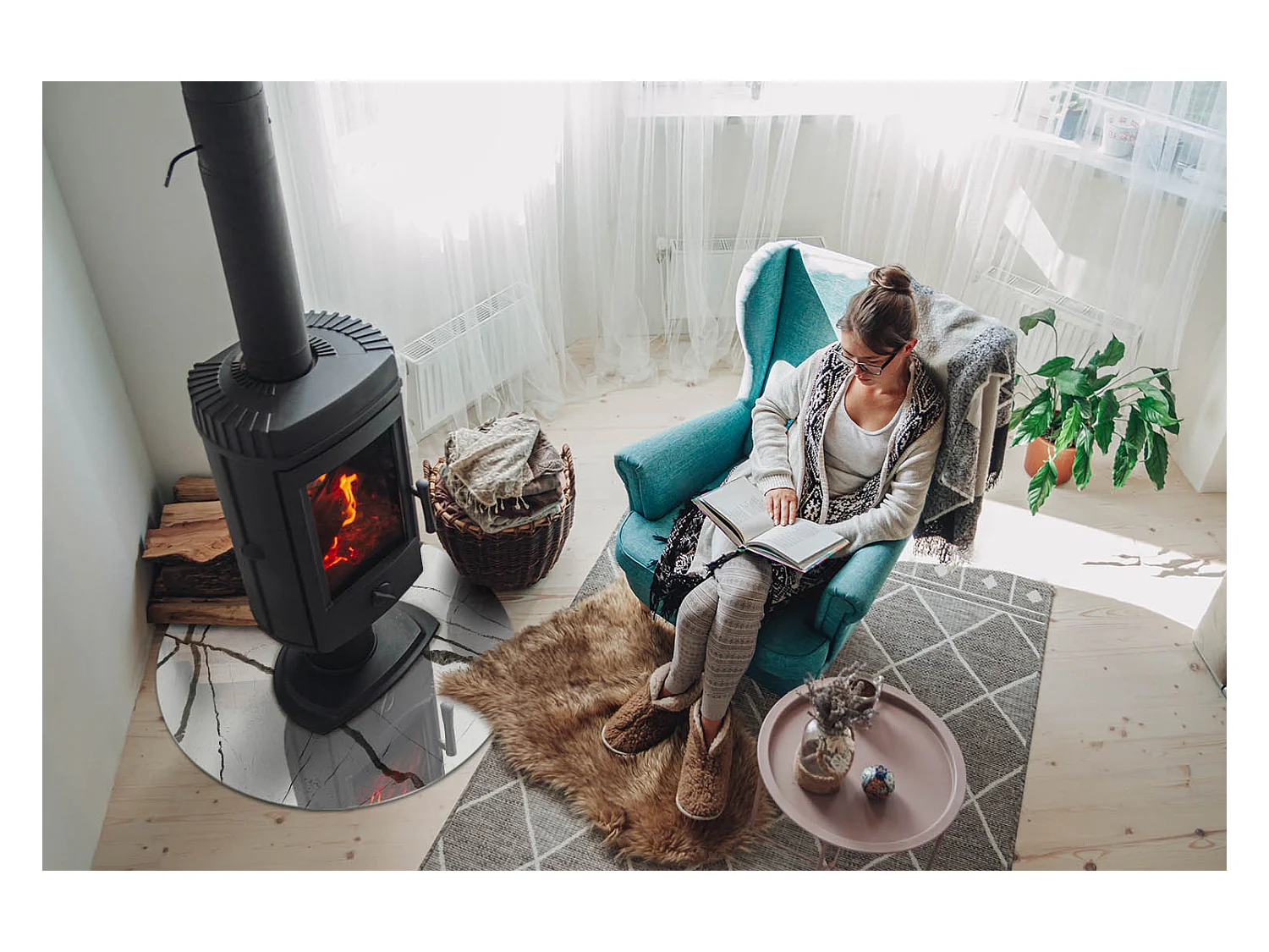 Plaque de sol en verre pour poêle - Roue - 70X70 - Modèle de veine de marbre