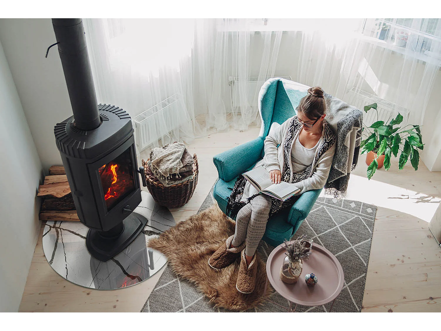 Glasplatte zum Schutz vor Funkenflug, Kaminauflage - Rad - 70X70 - Marmoradermuster