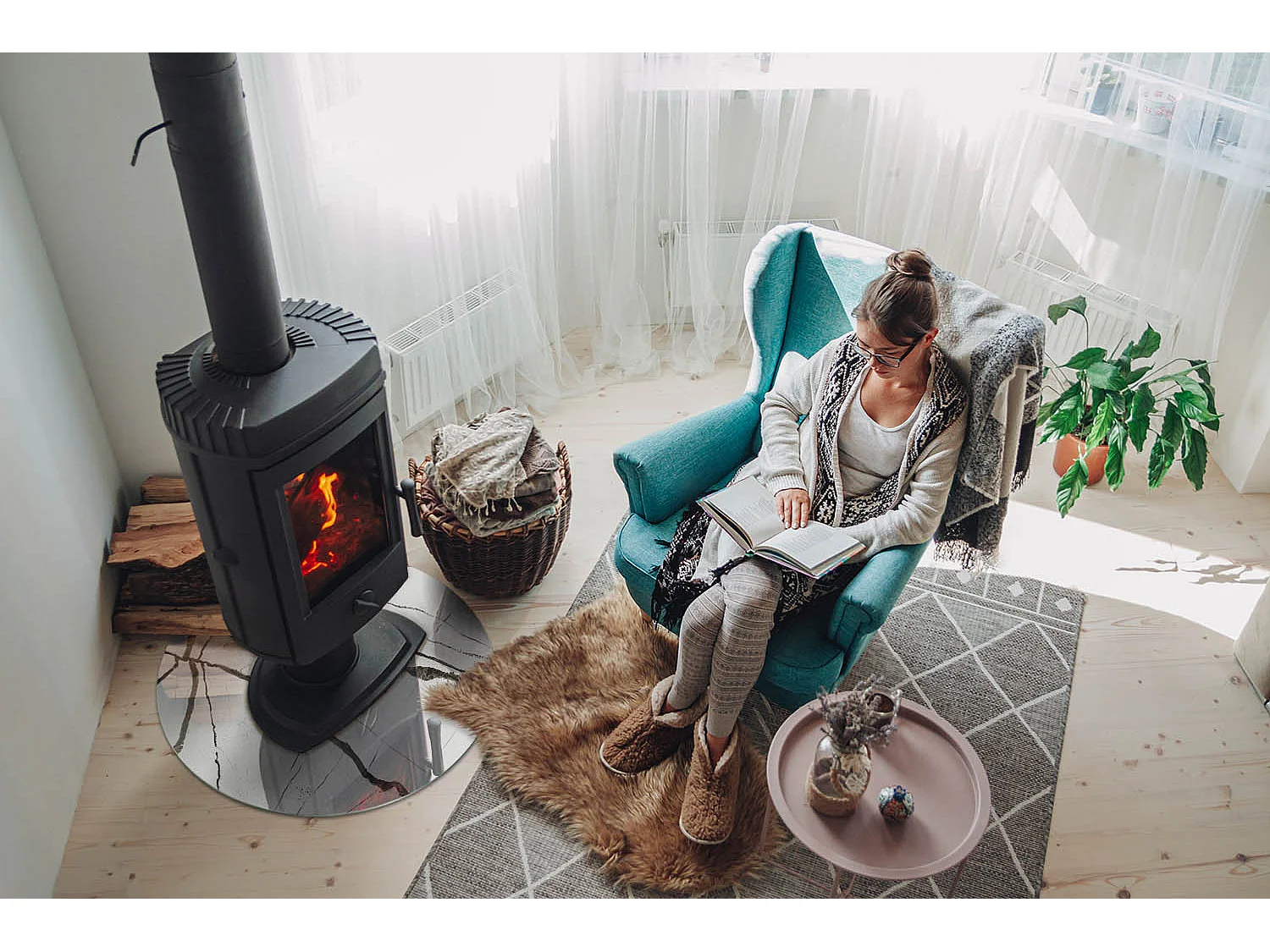 Glasplatte zum Schutz vor Funkenflug, Kaminauflage - Rad - 60x60 - Marmoradermuster