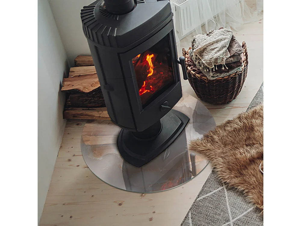 Plaque de sol en verre pour poêle - Roue - 60x60 - Motif en pierre naturelle