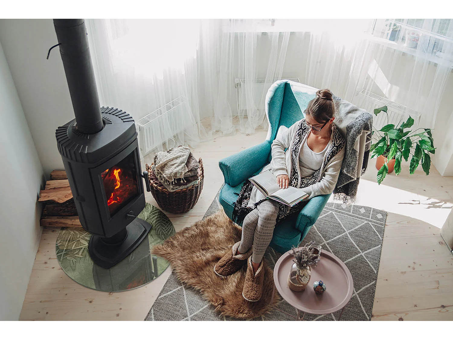 Glasplatte zum Schutz vor Funkenflug, Kaminauflage - Rad - 60x60 - Tropische Blätter im Hintergrund
