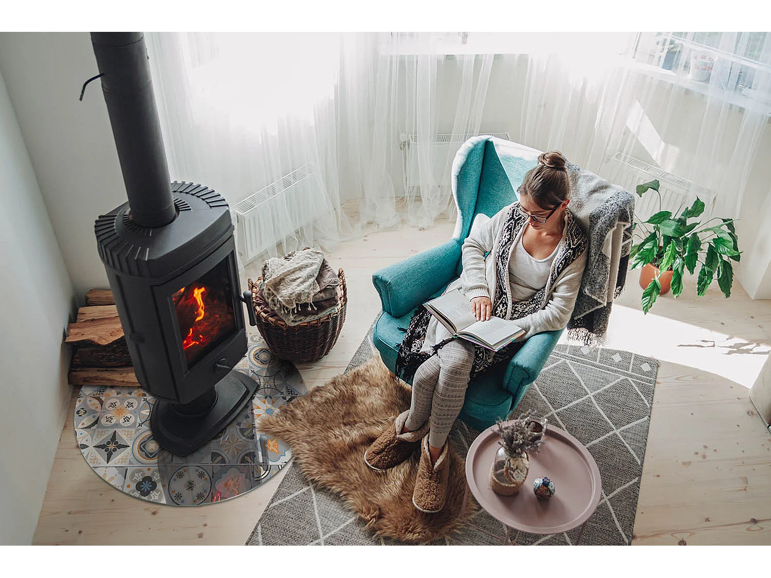 Vetro per camino, vetro di protezione per il soggiorno- Ruota - 70X70 - Motivi di mosaico nelle piastrelle