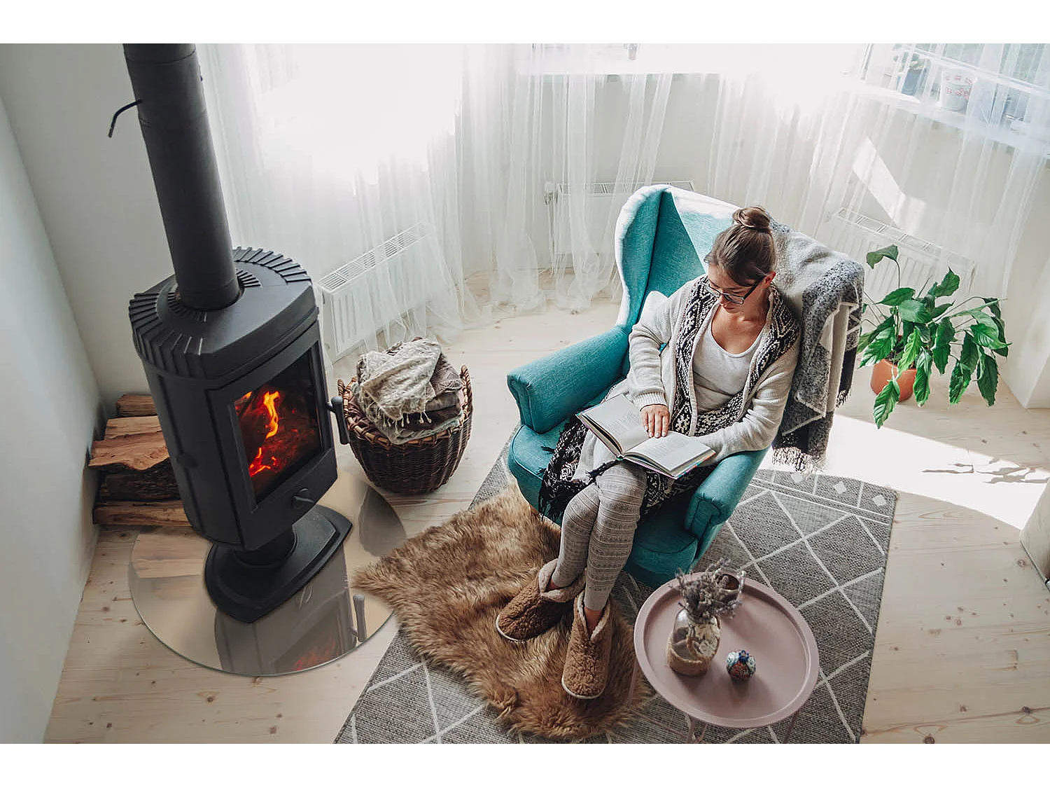 Plaque de sol en verre pour poêle - Roue - 60x60 - Couleur Beige