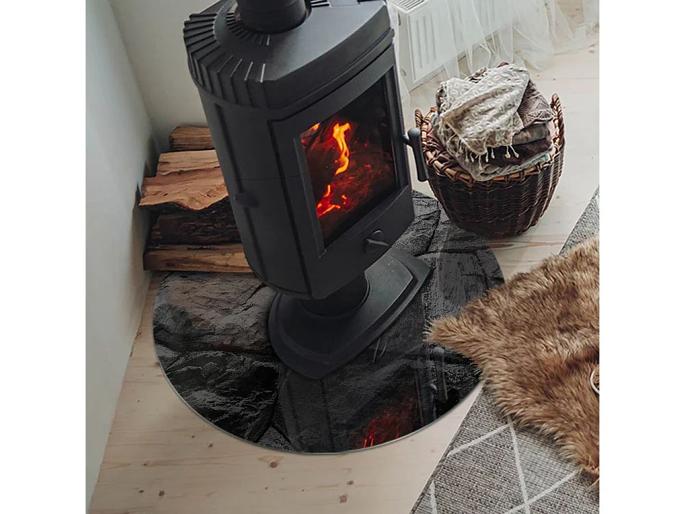 Plaque de sol en verre pour poêle - Roue - 70X70 - Motif en pierre naturelle