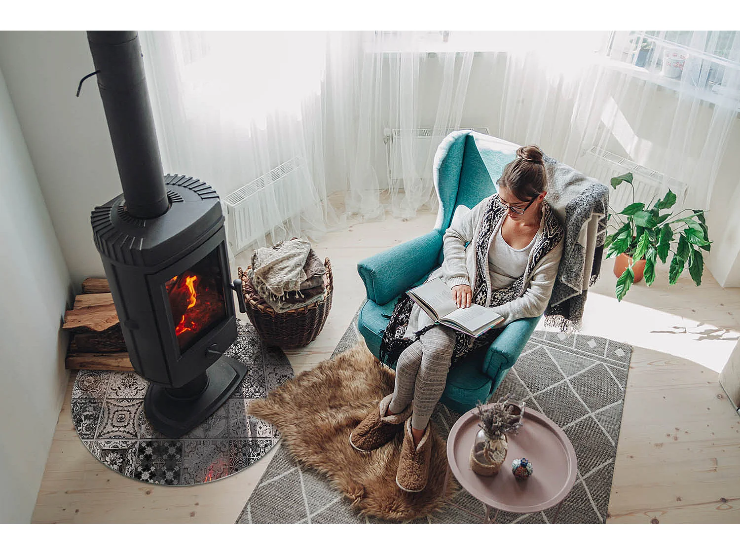 Plaque de sol en verre pour poêle - Roue - 70X70 - Modèles de carreaux décoratifs