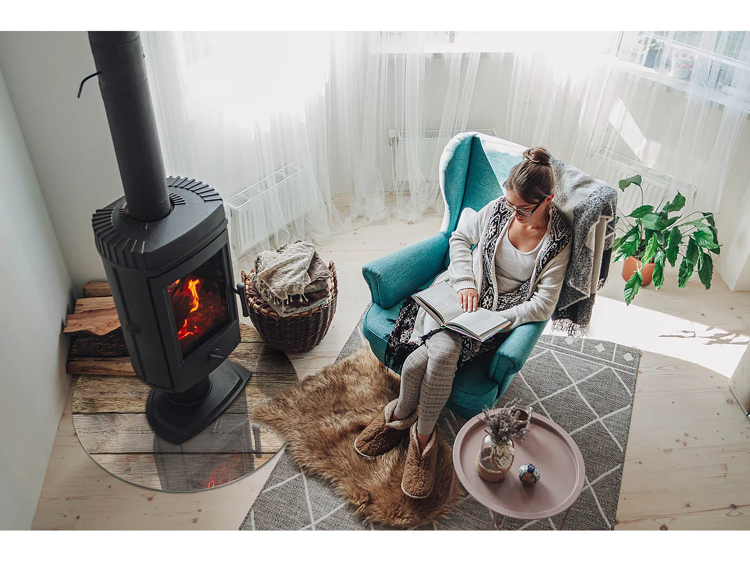Plaque de sol en verre pour poêle - Roue - 70X70 - Texture des planches de bois