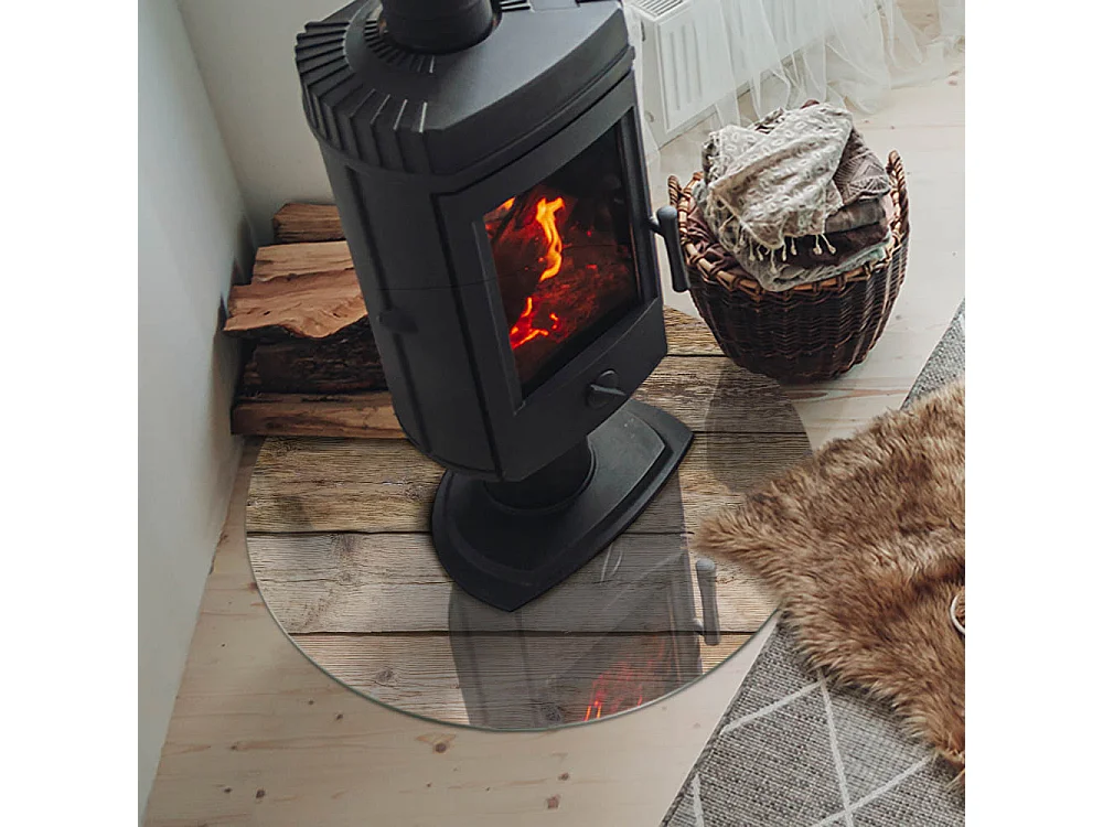 Plaque de sol en verre pour poêle - Roue - 70X70 - Texture des planches de bois