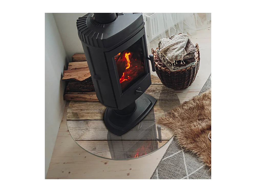 Placa de cristal para la chimenea del salón- Rueda - 70X70 - Textura de tablas de madera
