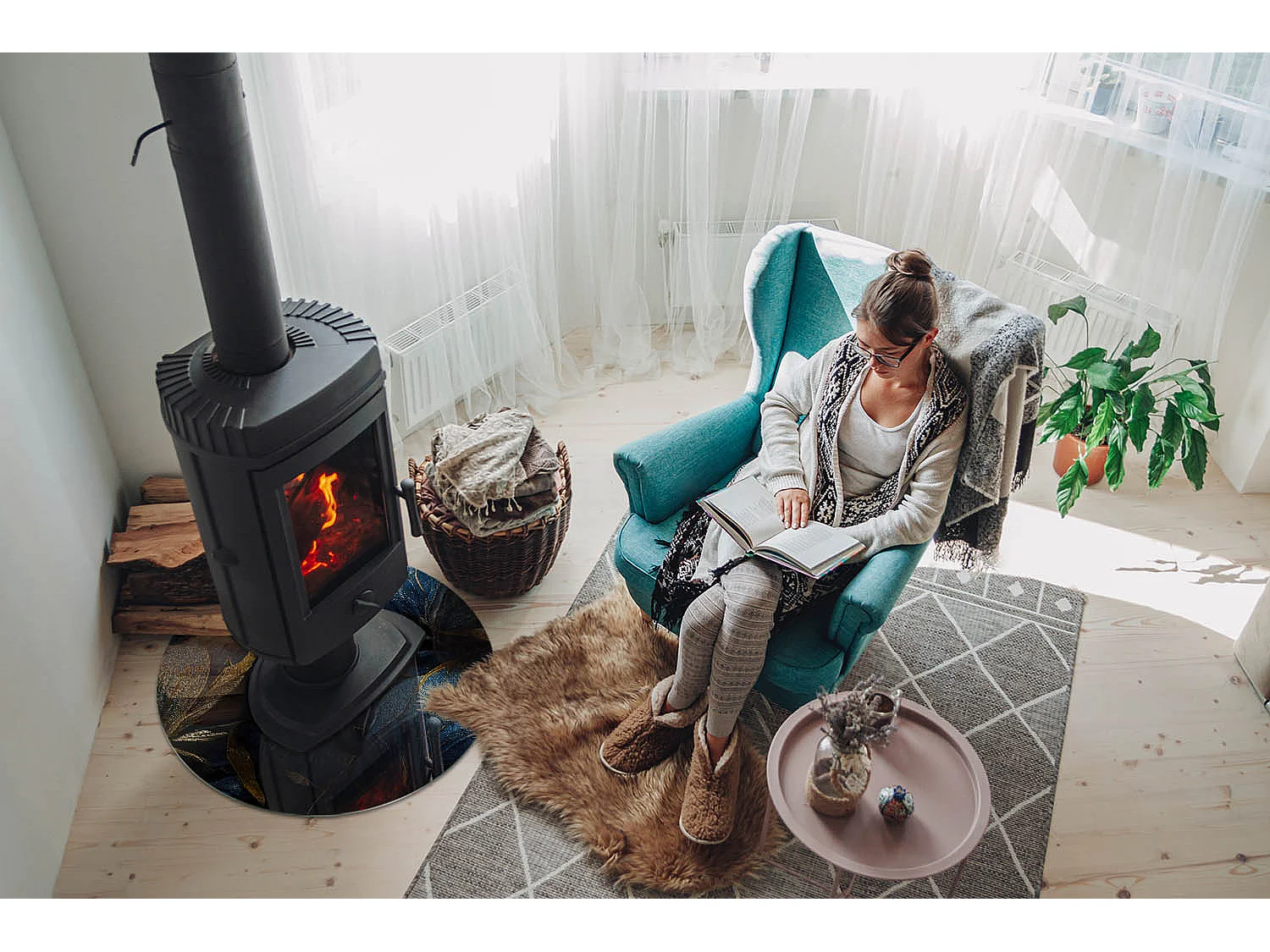 Glasplatte zum Schutz vor Funkenflug, Kaminauflage - Rad - 60x60 - Elegante Blätter in der Textur